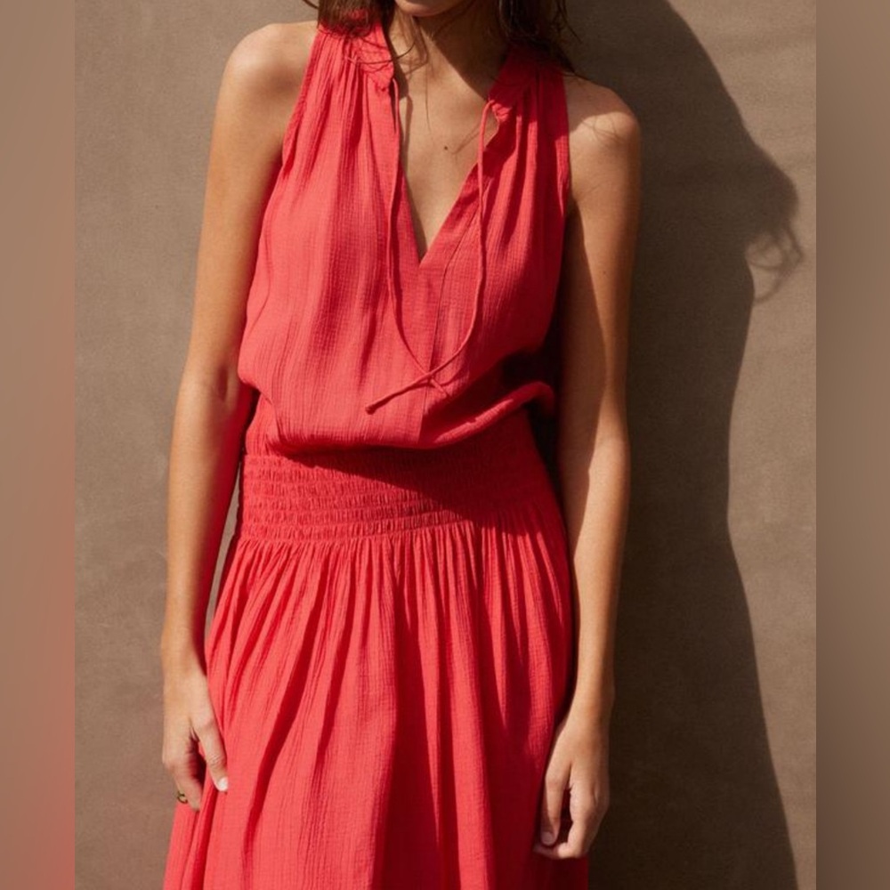 Brochu Walker Francine Dress-Vermillion Red Smocked Waist Sleeveless Midi Size S